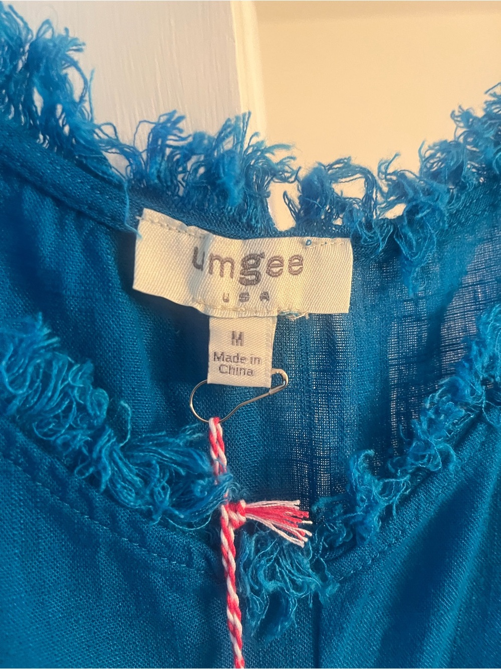 Umgee Turquoise Frayed Neckline Blouse